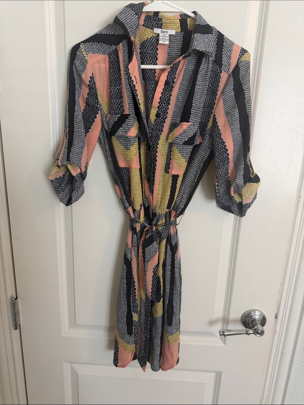 Bar III Geometric Abstract Block Print Tie-Waist Shirt Dress Pink Yellow
